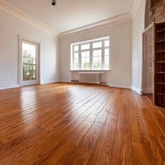 Fototapeta premium White wall in an empty room with wooden floor texture. Decoration design room background