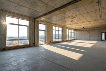 Sunlit Empty Concrete Shell of a Modern Building Ready for Interior Design
