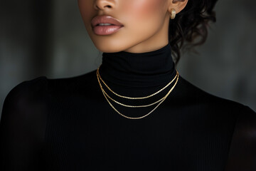Elegant Fashion Portrait of a Woman in Black Clothing Wearing Minimal Gold Jewelry Against a Simple and Sophisticated Background

