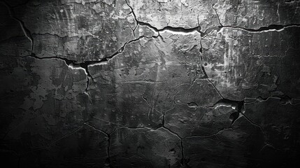 Obraz premium A textured black wall with visible cracks and imperfections creates a dramatic backdrop suitable for various creative projects, including graphic design, art, or as a website background,