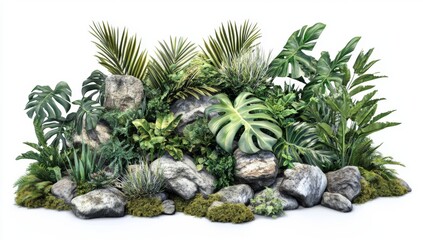 Fototapeta premium 3D Rendering of Tropical Plants and Rocks on Transparent PNG Background. Realistic Style with Detailed Textures.