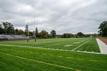 A pristine athletic field awaits the start of a game, the verdant grass reflecting the overcast sky
