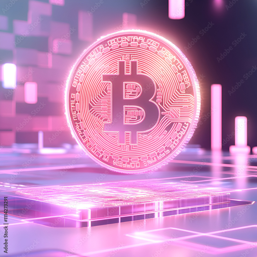 Poster bitcoin cryptocurrency symbol digital landscape 3d render futuristic environment close-up view block