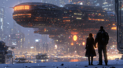 Fototapeta premium Couple holding hands overlooking futuristic cyberpunk cityscape with flying spaceship and glowing city lights