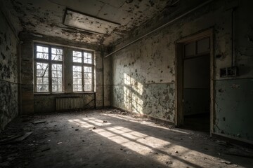 Obraz premium Sunlit Ruin A Desolate Room in a Derelict Building, Revealing Time's Decay