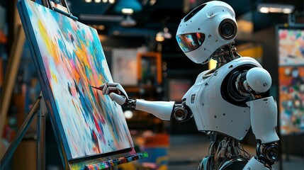 The robot paints a picture on canvas, bright colors and modernity