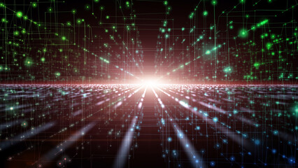 Obraz premium Colourful futuristic cyberspace technology network digital lines on a road traveling in cosmos. 