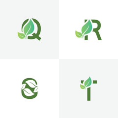 Obraz premium Q,R,S,T leaf logo Design Template Vector Graphic Branding Element. Leaf letter Q,R,S,T Logo vector Illustration. Plant Logo.