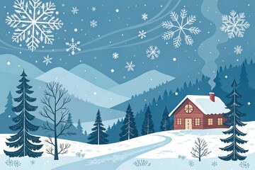 A Cozy Cabin Nestled in a Snowy Mountain Landscape, Winter Wonderland Scene with Falling Snowflakes and Winding Path
