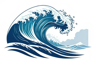 Ocean Wave Illustration A Powerful Surge of Blue Water with Whitecaps and a Distant Horizon