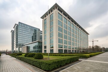 Modern office complex with landscaped grounds and a contemporary design