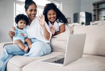 Mom, children waving and laptop in home, video call and online for family communication in lounge. Mother kids greeting and virtual conference for conversation, chat and wireless interaction on app