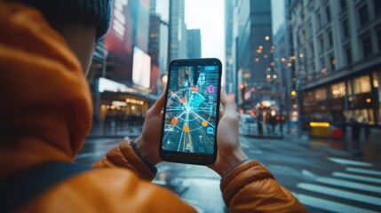 Person using navigation app on smartphone in city.