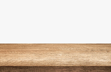 empty wooden table on white background.