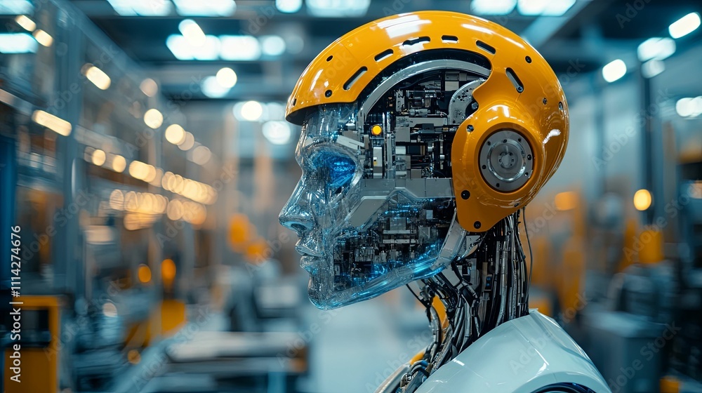 Poster transparent robot head in factory setting