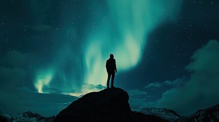 A silhouette of a man on a mountain under the aurora borealis, symbolizing freedom and adventure.