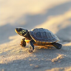 Obraz premium A close-up of a turtle on sandy terrain during golden hour, showcasing its distinct shell and features, Ideal for nature blogs, educational materials, or wildlife conservation campaigns,
