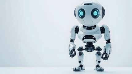 Fototapeta premium Cool Grey Robot in a One-Legged Stand on a White Surface, Symbolizing Stability in Technology