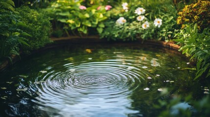 Naklejka premium Serene garden pond with ripples and flowers.