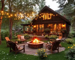 Obraz premium Cozy Backyard Scene with Rustic Barbecue Setup for Outdoor Dining and Relaxation in a Charming Garden Environment