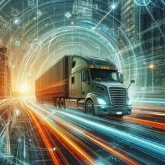 Fototapeta premium Abstract illustration of the moving semi truck. Logistics concept. 