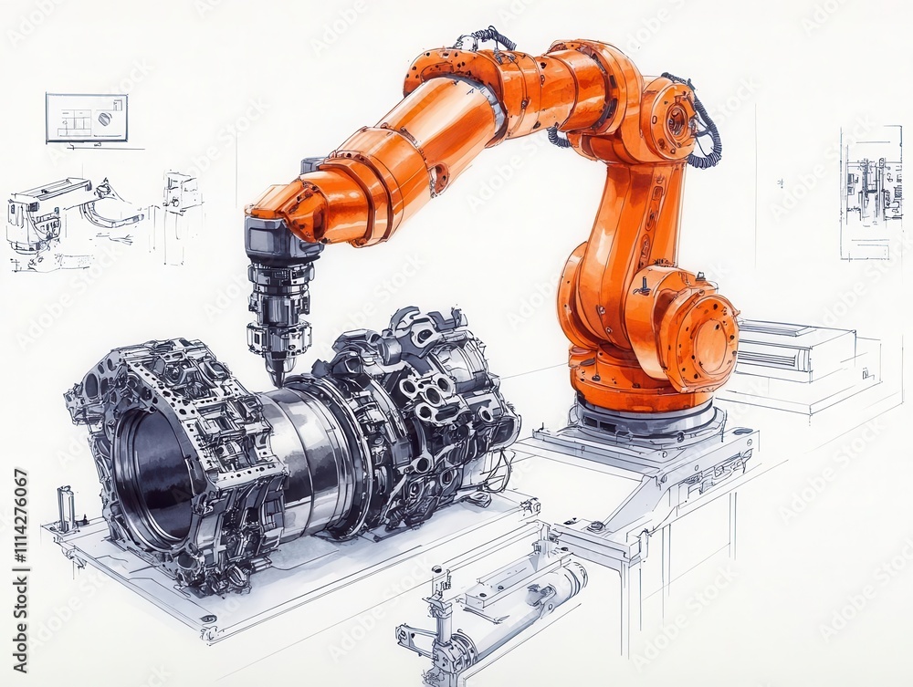 Poster a robotic arm assembles intricate components, showcasing advanced automation technology in a modern 