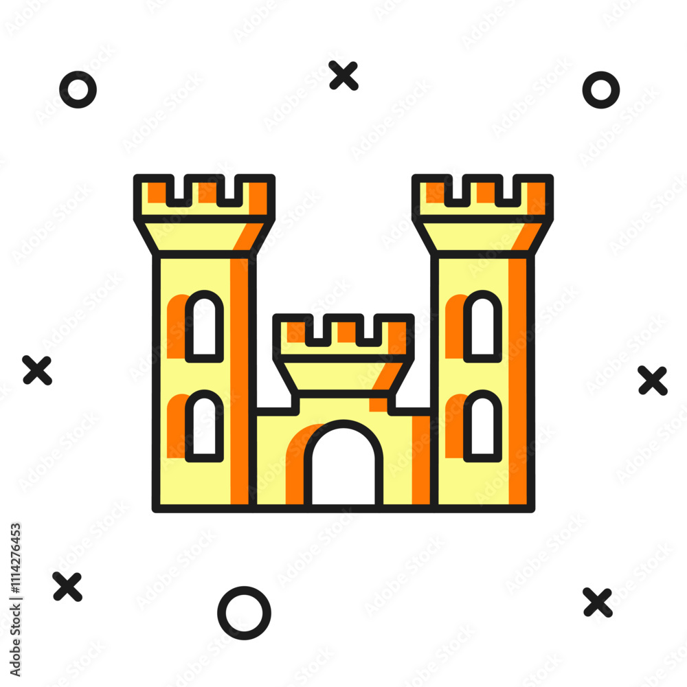 Poster filled outline castle icon isolated on white background. medieval fortress with a tower. protection 