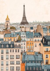 Parisian Cityscape View with Eiffel Tower and Classic Architecture
