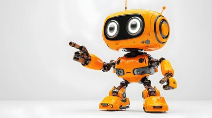 Cute Orange Robot with Bright Eyes and Joyful Expression Pointing Leftward, Solid Light Gray Background for AI Product Placement