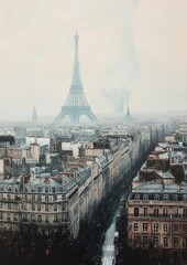 Parisian Skyline Vista Eiffel Tower in Misty Morning Light