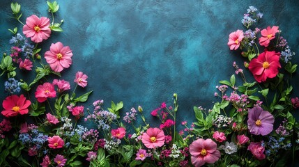 Vibrant Floral Arrangement on Blue Textured Background for Design