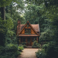 Fototapeta premium A charming wooden house surrounded by lush greenery, ideal for promoting eco-tourism, nature retreats, or home dÃ©cor themes, The inviting entrance enhances the rustic ambiance and tranquility,