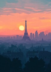 Parisian Sunset Panorama Eiffel Tower and City Skyline at Dusk