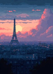 Pixel Art Parisian Sunset Eiffel Tower Cityscape at Dusk