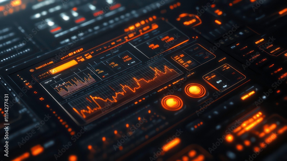 Poster Futuristic digital interface with graphs, charts, and data visualizations.