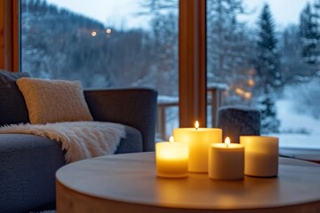 Naklejka premium Imagine a modern living room with flickering candles creating a warm atmosphere, perfect for chilly winter months. Large windows showcase a beautiful snowy scenery, enhancing the cozy environment