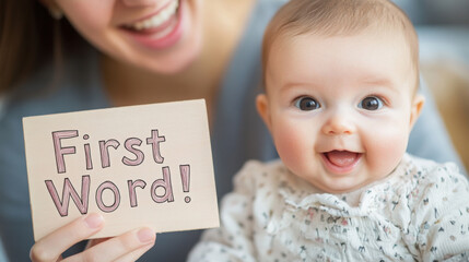 Celebrating baby's milestone with a first word sign - joyful parent infant bonding moment