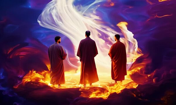 Shadrach, Meshach, and Abednego in the fiery furnace, depicted within a swirling nebula, highlighting their faith amidst trials
