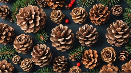 Fototapeta premium This festive pattern features a beautiful arrangement of pine cones, holly berries, and evergreen branches on a dark background. The intricate details and realistic textures create a warm and inviting