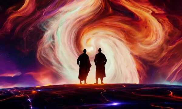 Shadrach, Meshach, and Abednego in the fiery furnace, depicted within a swirling nebula, highlighting their faith amidst trials