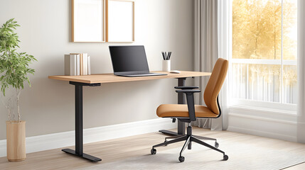 A home office setup featuring a clean desk with a laptop, wireless mouse, and modern decor