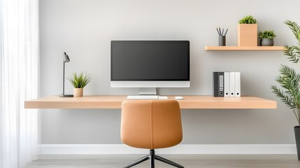 A stylish office space featuring a large desk, ergonomic chair, and a desktop computer with dual monitors
