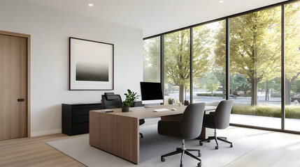 A high-end office space with glass walls, a large desk with a computer, and cutting-edge gadgets like a smart speaker