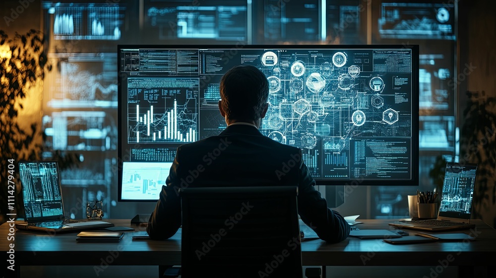 Aufkleber businessman analyzing complex data on multiple screens
