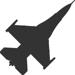 lack silhouette of a F16 fighter jet top view icon.