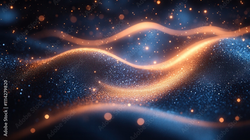 Poster abstract glowing waves with sparkling particles in dark background