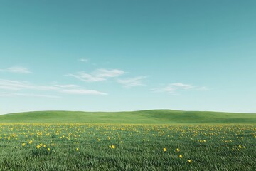 Sunny sunflower field with a blue sky and green countryside landscape