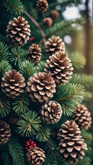 Fototapeta premium This festive pattern features a beautiful arrangement of pine cones, holly berries, and evergreen branches on a dark background. The intricate details and realistic textures create a warm and inviting