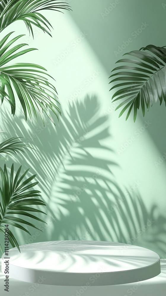 Poster sunlit green backdrop with tropical plant shadows creating intriguing patterns on a minimalist round