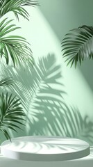 Obraz premium Sunlit green backdrop with tropical plant shadows creating intriguing patterns on a minimalist round platform, perfect for design or product display in modern spaces.
